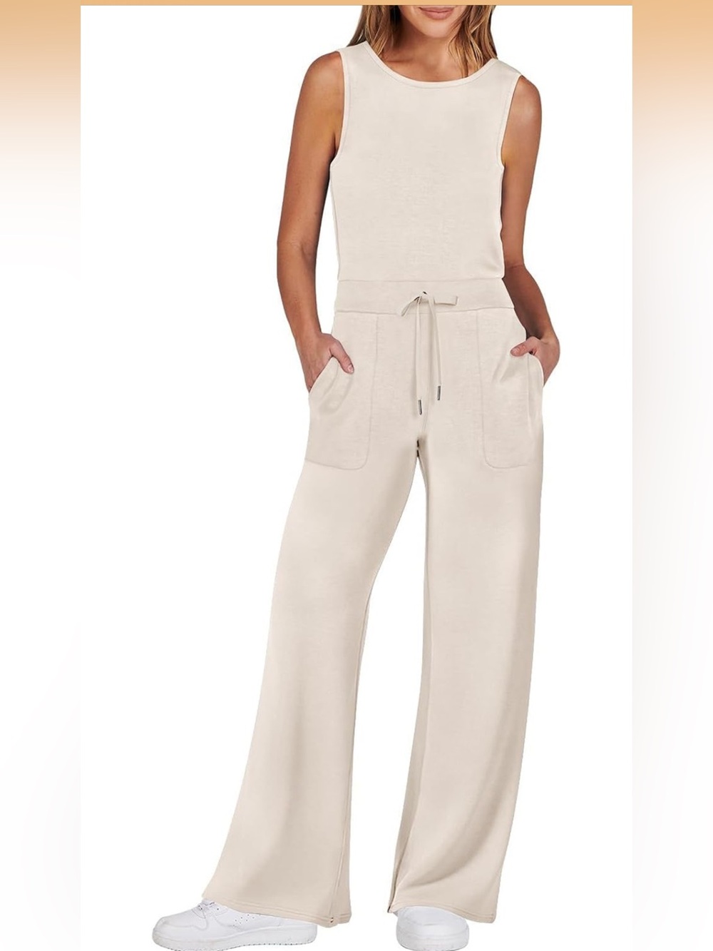 Anrabess Wide-Leg Jumpsuit with Drawstring Waist. Size Large. NWT. Beige.